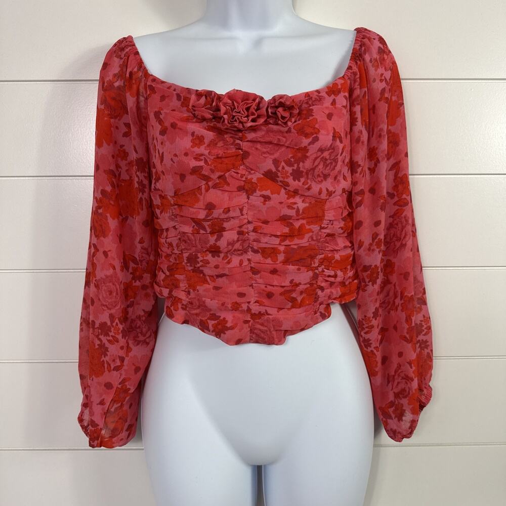 Free People Oh Lala Off The Shoulder Top Pink Red Floral Print sz S
